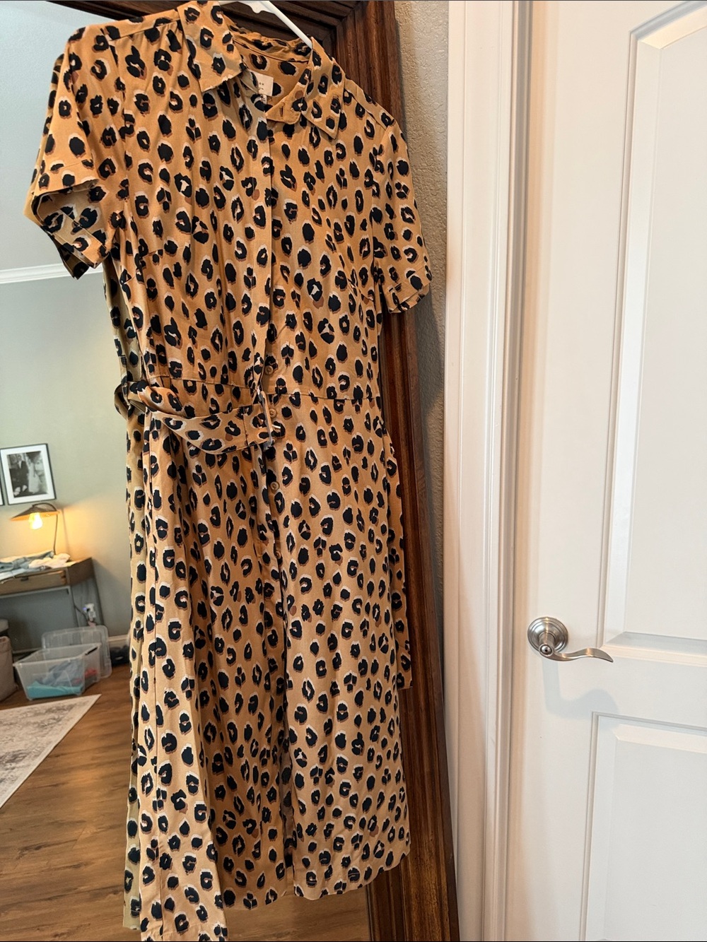 a new day Camel and Black Leopard Midi Shirt Dress